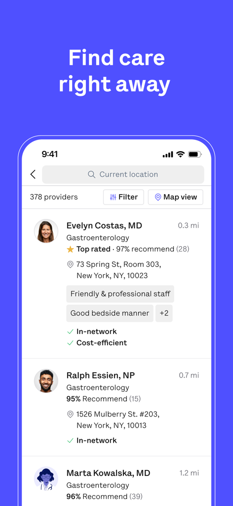 Oscar Health - Oscar Health app interface showing a list of in-network doctors and healthcare providers