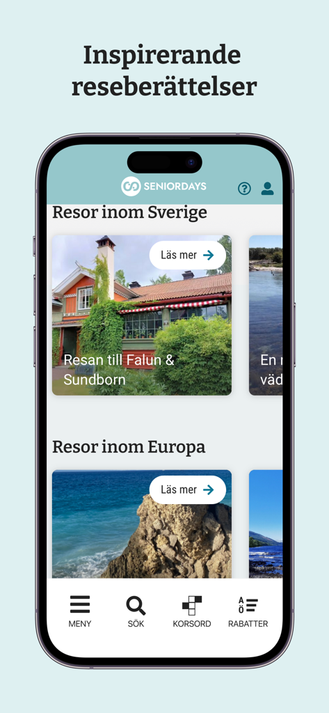 SeniorDays - SeniorDays app interface displaying inspiring travel stories for domestic and international trips
