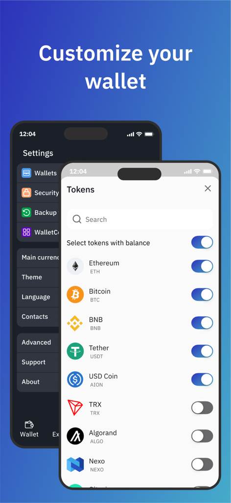 IronWallet App-Bildschirme zur Anpassung der Wallet-Einstellungen und zur Auswahl von Kryptowährung-Token