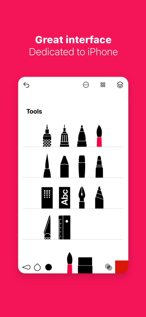 Tayasui Sketches - Tayasui Sketches app screenshot showing a minimalist tools menu with realistic brush and pen icons on iPhone