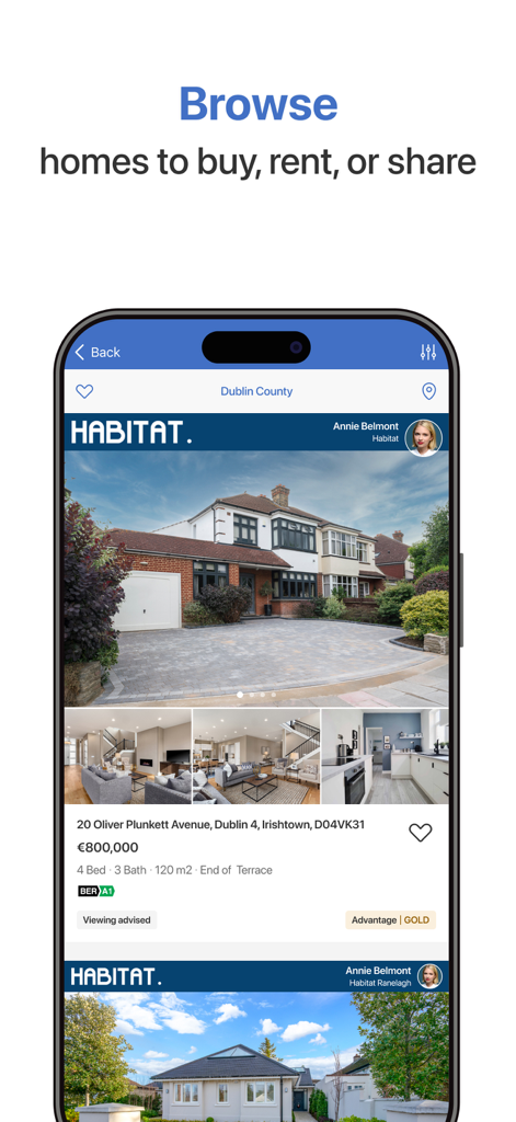 Interfaz de la app móvil Daft.ie mostrando un anuncio de propiedad residencial en Dublín con fotos y precio.