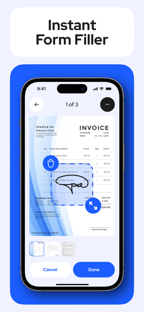 eSignモバイルアプリインターフェース内の請求書書類にデジタル署名をしている様子