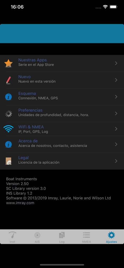 Boat Instruments - Menu de configurações do aplicativo de navegação marítima Instrumentos de Barco da Imray mostrando configuração NMEA e Wi-Fi