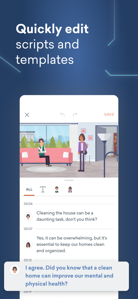 Vyond mobile app interface for editing video scripts and templates