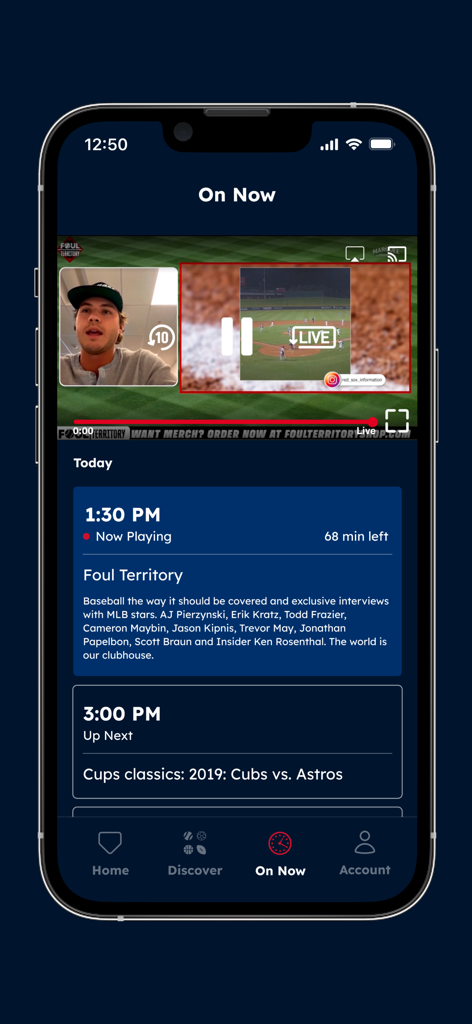 Marquee Sports Network mobile app displaying a live broadcast of Foul Territory and a daily schedule of Chicago Cubs programming