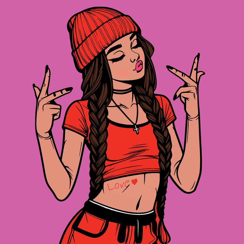 realistic teenage girl with braids and a beanie and crop top doing 🫶🏼