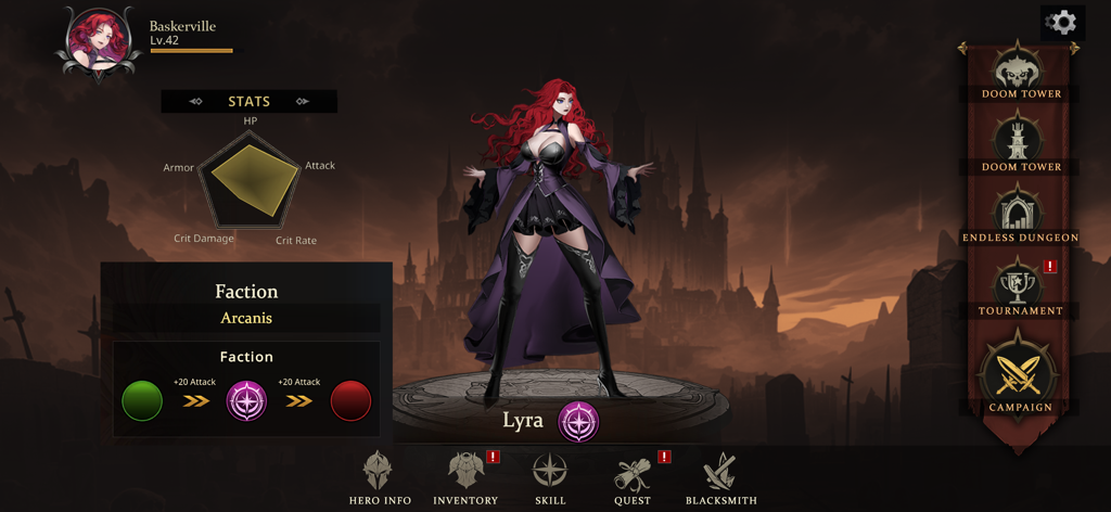 Interface de perfil de personagem para Lyra em Shadow Rival mostrando estatísticas, facção e menus do jogo