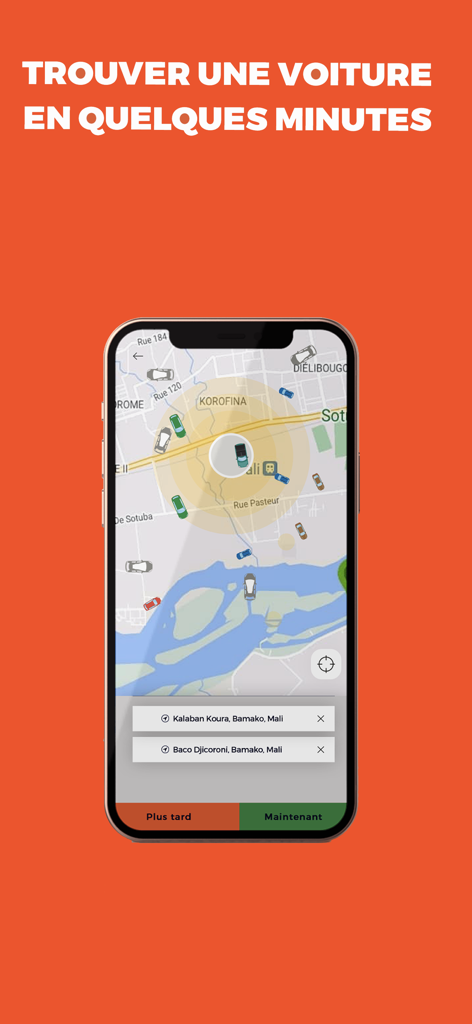 Woyo I Bora I Sera - Interface de l'application Woyo montrant une carte de Bamako pour les services de VTC.