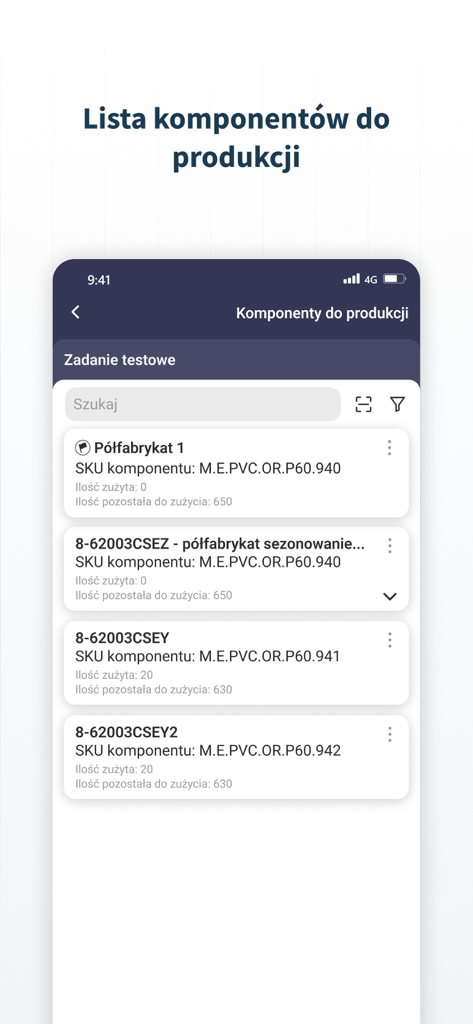 Mobile interface of Queris MES app displaying production components and SKU information