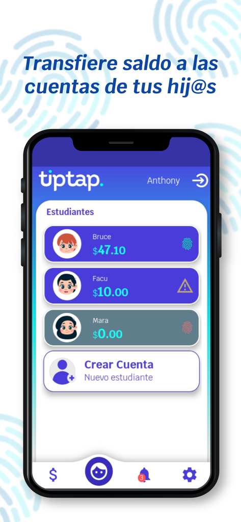 Tiptap - Tiptap mobile app dashboard showing student accounts and current balances