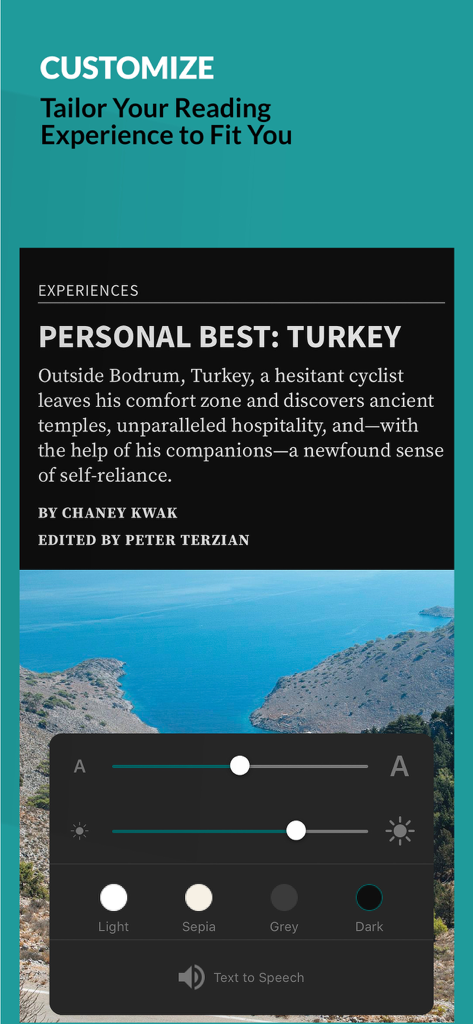 Travel + Leisure - Customizable reading settings and text to speech feature in the Travel and Leisure app