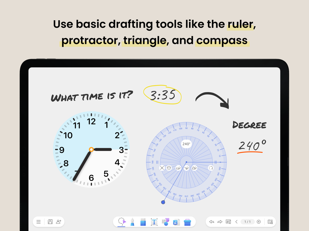 EZWrite 6 - Interfaz de EZWrite 6 en un iPad con herramientas de dibujo digital que incluyen un transportador y un reloj para lecciones educativas