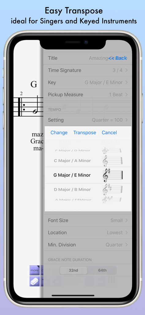 Smartphone screen showing the music transposition settings in the iWriteMusic app.