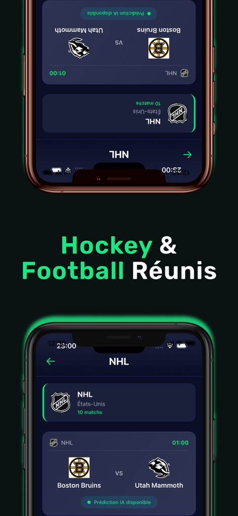 PredictIQ – AI Predictions - Pantalla de la aplicación móvil PredictIQ que muestra predicciones de hockey de la NHL y análisis de partidos de IA para Boston Bruins contra Utah Mammoth.