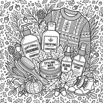 Dive into the cozy vibes of autumn with this unique men's haircare coloring page. It features an array of grooming products intertwined with beautiful fall elements, perfect for a relaxing creative session.