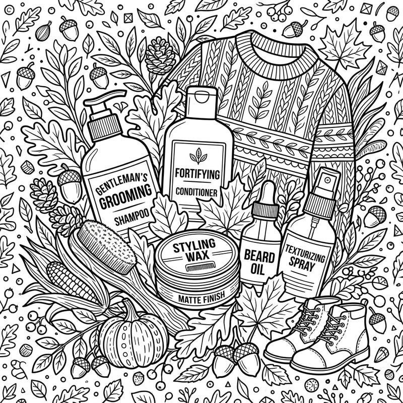 Dive into the cozy vibes of autumn with this unique men's haircare coloring page. It features an array of grooming products intertwined with beautiful fall elements, perfect for a relaxing creative session.