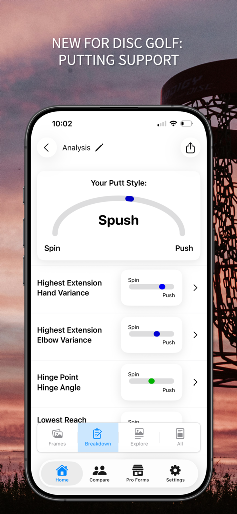 Disc.ai - Screenshot of the Disc.ai app showing a disc golf putting breakdown with style analysis ranging from spin to push