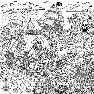 Dive into a thrilling high-seas adventure with this dynamic pirate coloring page designed specifically for teens. Explore stormy waters, hidden treasure islands, and daring buccaneers waiting for your creative touch.