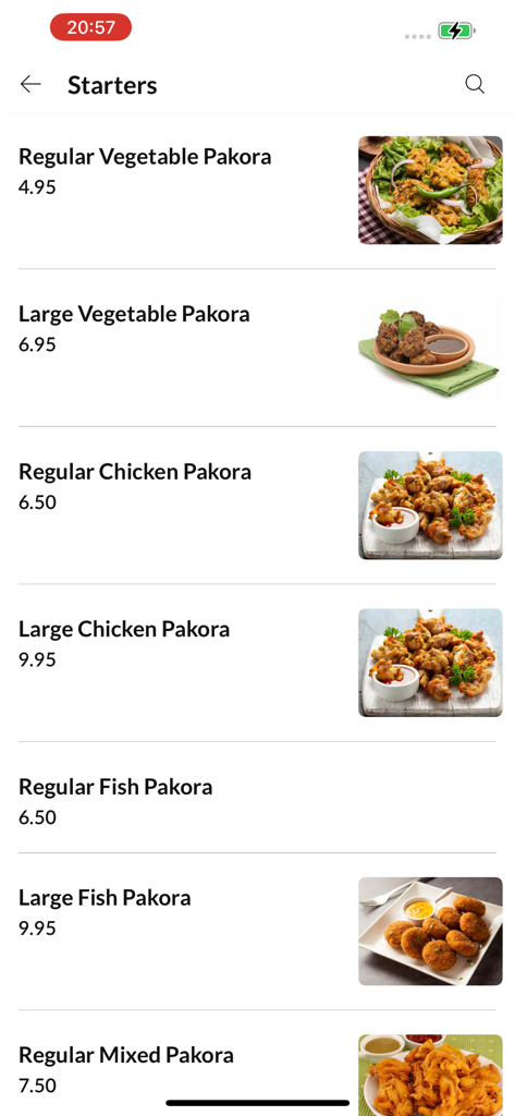 Spice N Ice - Larbart - Menú de la aplicación móvil Spice N Ice mostrando una selección de aperitivos pakora con imágenes y precios