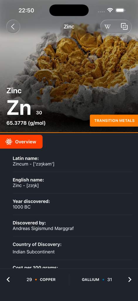 Detailed element profile for Zinc in the Periodic Table Chemistry app showing atomic data and discovery history