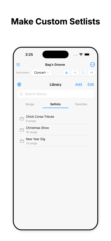 Realbook Master app screen showing custom music setlists for live performances