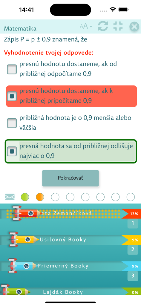 Smartbooks-App Mathematik-Quiz-Bildschirm mit Anzeige der Antwortbewertung und der Schüler-Rangliste