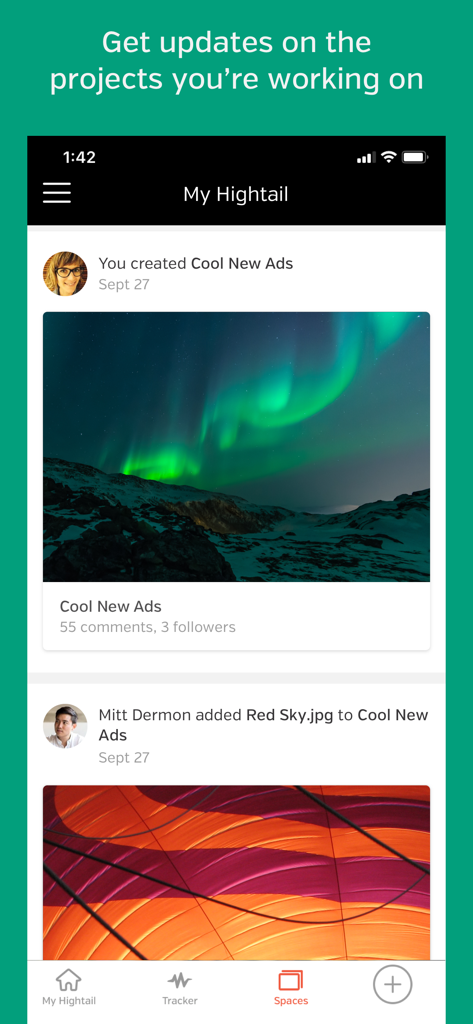 Hightail - A mobile view of the Hightail app showing a feed of creative project updates and shared images