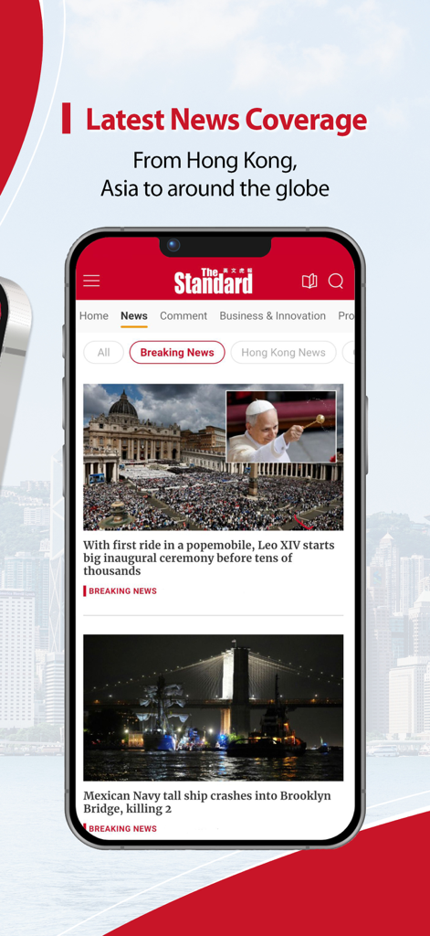The Standard - The Standard news app interface showing global breaking news headlines on a smartphone screen.