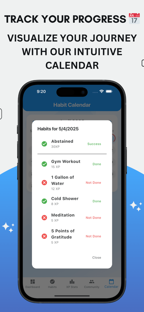 NoFap: Ranked - Daily habit checklist in the NoFap Ranked app showing XP rewards for tasks like gym workouts and cold showers