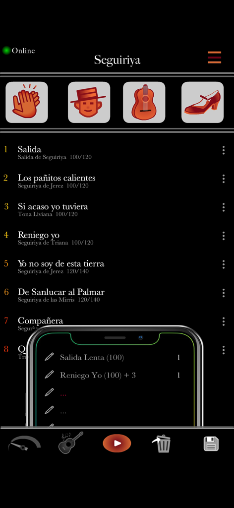 Flamenco Compás - Mobile app interface of Flamenco Compas showing Seguiriya practice tracks and song structure editing