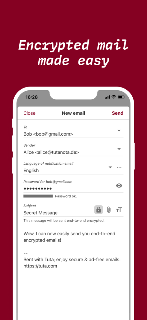 Tuta mobile app screen showing a user composing an end-to-end encrypted email with a password protection feature