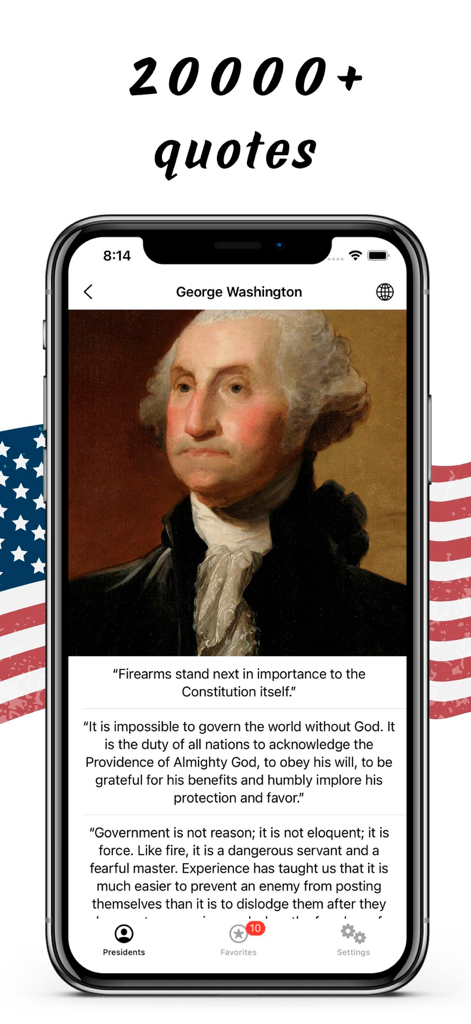 조지 워싱턴 초상화 및 명언이 모바일 앱 화면에 표시됨