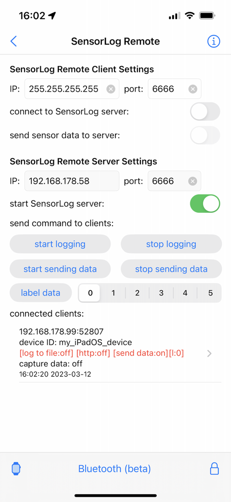SensorLog - SensorLog Remote interface showing client and server configuration settings and connected device status