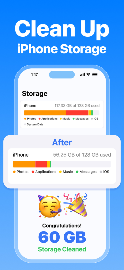 CleanX: Photo Storage Cleaner - Interfaz de la aplicación CleanX que muestra 60 GB de almacenamiento de iPhone limpiados con un gráfico de comparación antes y después
