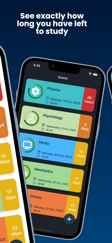 Study Planner Exam Countdown - Aplicativo Planejador de Estudos mostrando uma lista de exames futuros com contagens regressivas para matérias como física e psicologia.