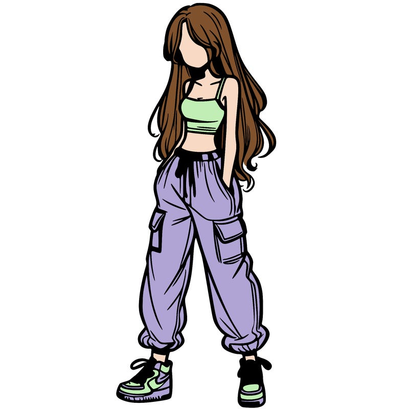 girl in baggy pants crop top and long hair