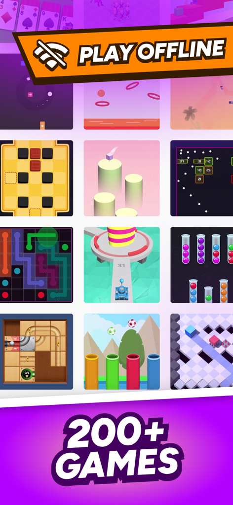 Hoora - Swipe & play fun games - A collection of over 200 mini games in the Hoora app featuring an offline play banner