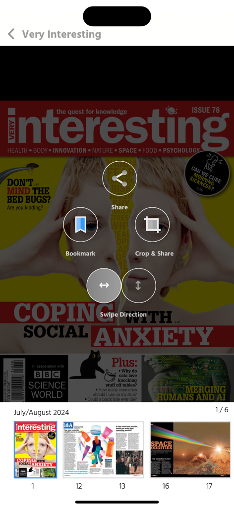 Interfaz del lector de revistas digitales para la revista Very Interesting que muestra un artículo sobre ansiedad social y navegación de páginas.