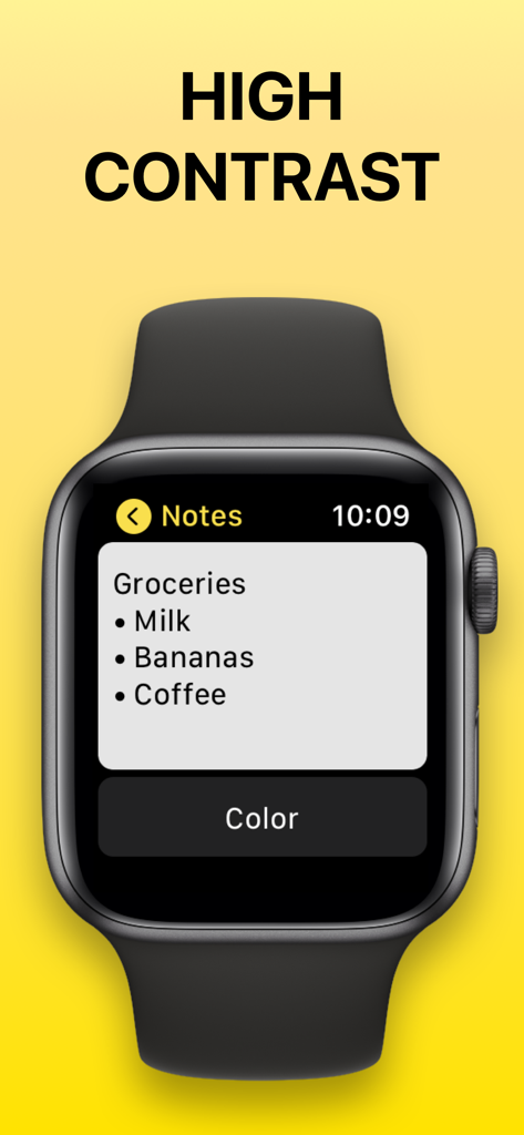 Notes for Apple Watch - Lista de compras de alto contraste mostrada en una pantalla de Apple Watch