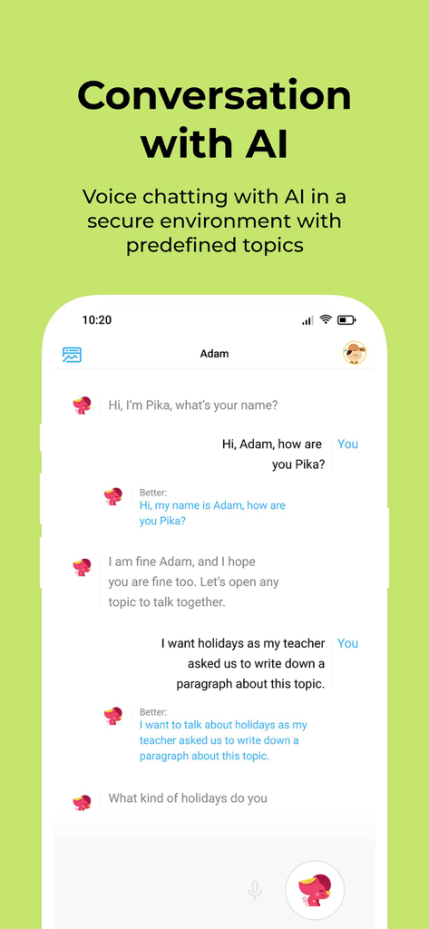 PikaDo - A child chatting with an AI tutor in the PikaDo app to practice English conversation and grammar