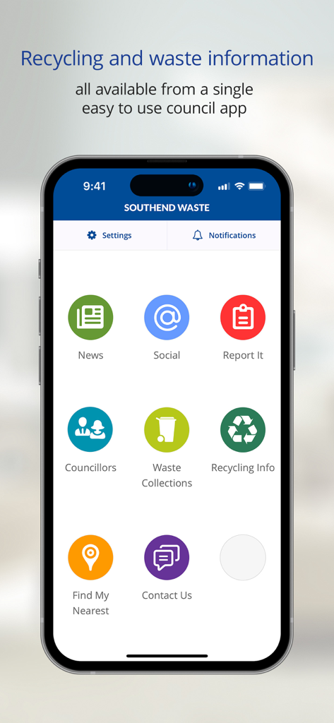 Southend Waste - The main dashboard of the Southend Waste app showing service icons for waste collections recycling info and reporting issues
