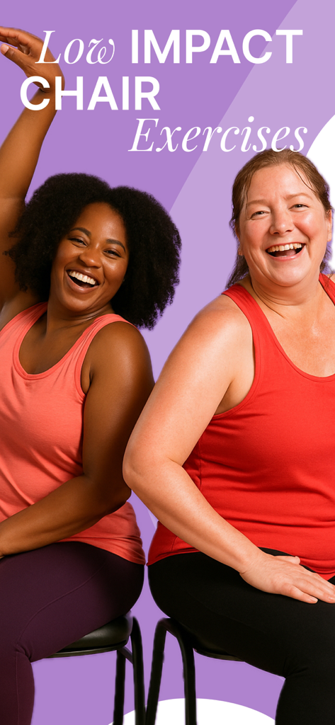 Two smiling mature women performing low impact chair exercises