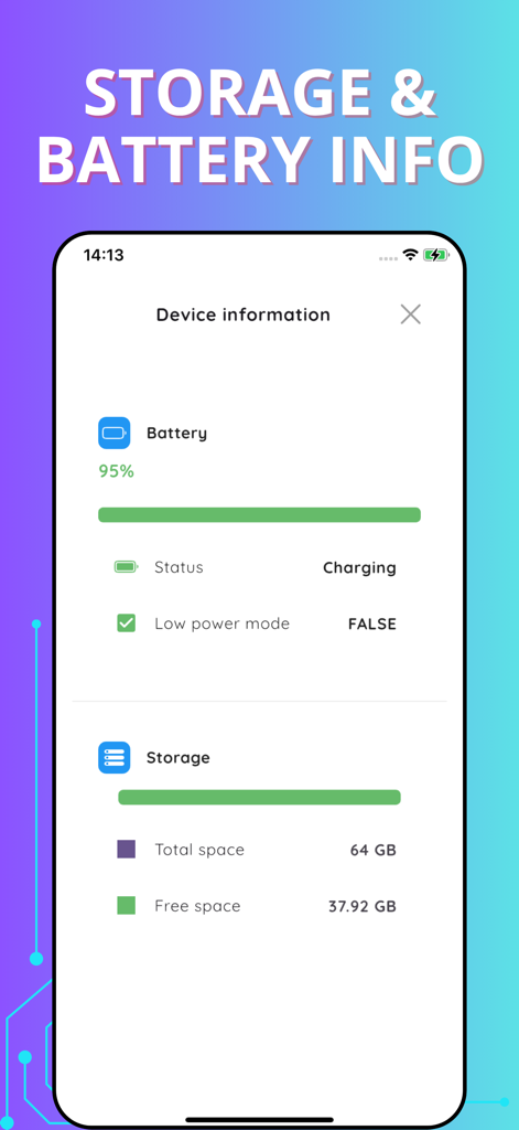 Wifi password auto - バッテリーレベルとストレージ使用量を示すデバイス情報画面のスクリーンショット