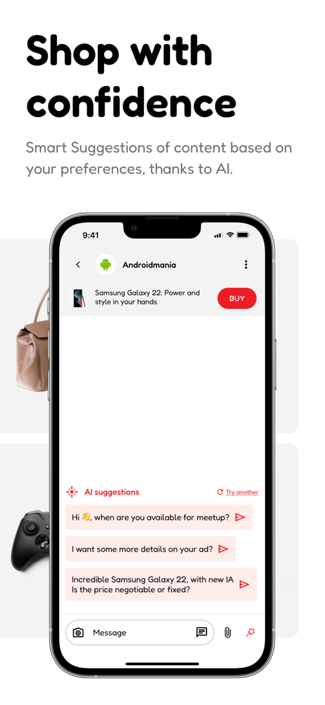 Interfaz de la aplicación Kupyo que muestra sugerencias de chat inteligentes impulsadas por IA para negociar compras de productos.