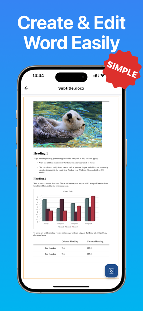 iPhone mostrando un documento de Word con texto, gráficos e imagen siendo editados en Word Editor