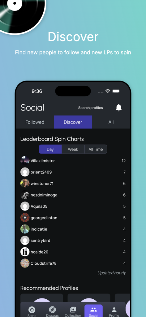 Spun It – Track & Share Spins - Social discover screen in the Spun It app showing a leaderboard of daily vinyl spin counts by users.