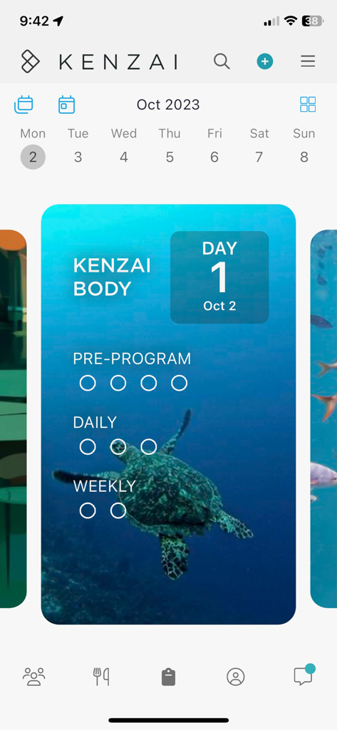 Kenzai fitness app dashboard showing the Kenzai Body program day one view with calendar and task checklists