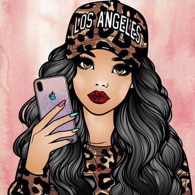 realistic beautiful girl wearing los ángeles cap holding an iphone