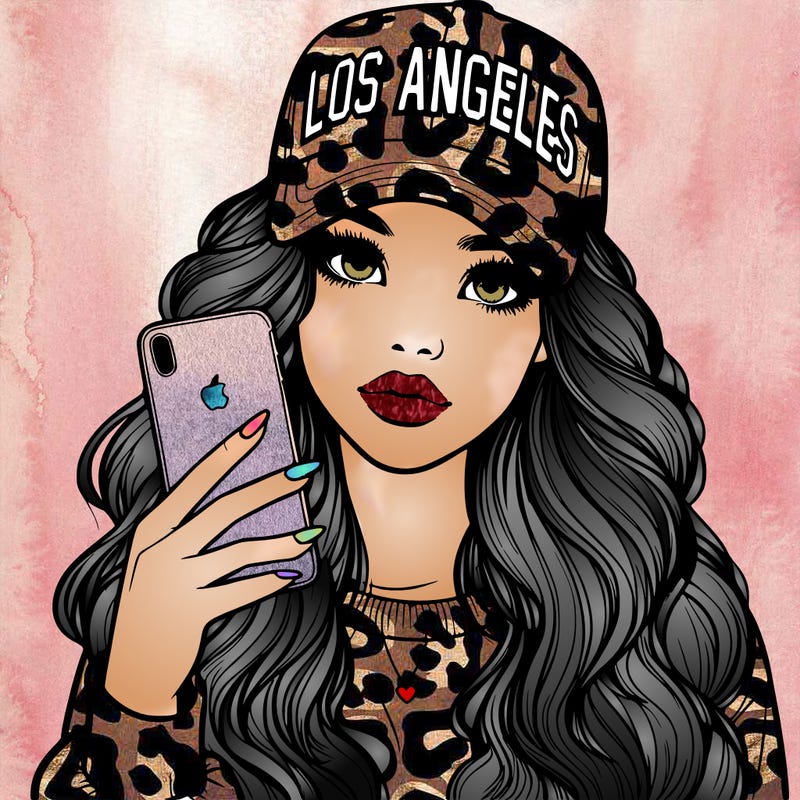 realistic beautiful girl wearing los ángeles cap holding an iphone