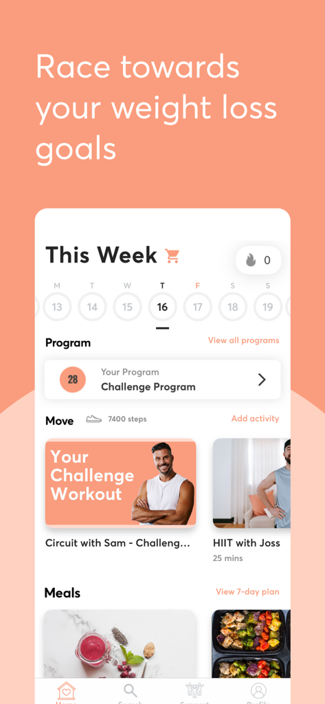 Dashboard of 28 by Sam Wood app showing weekly workouts and meal plans for weight loss.